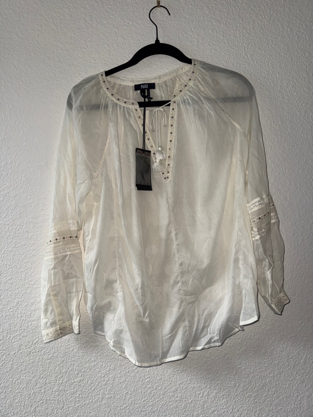 PAIGE Off-White Eyelet Tie-Neck Blouse